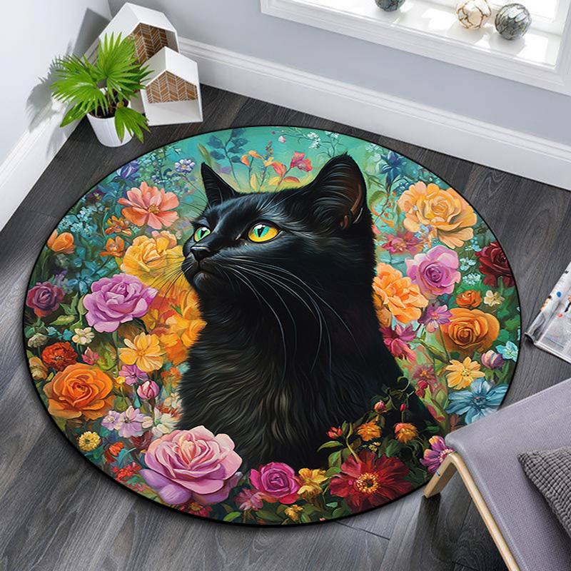 Black Cat Floral Round Area Rug,Carpet Rug for Living Room Bedroom Sofa Playroom Decor,Non-slip Floor Mat