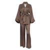 Fashion Satin Cardigan Shoelace Printed Loose Top Pants Suit Homewear Top and Pants Suit
