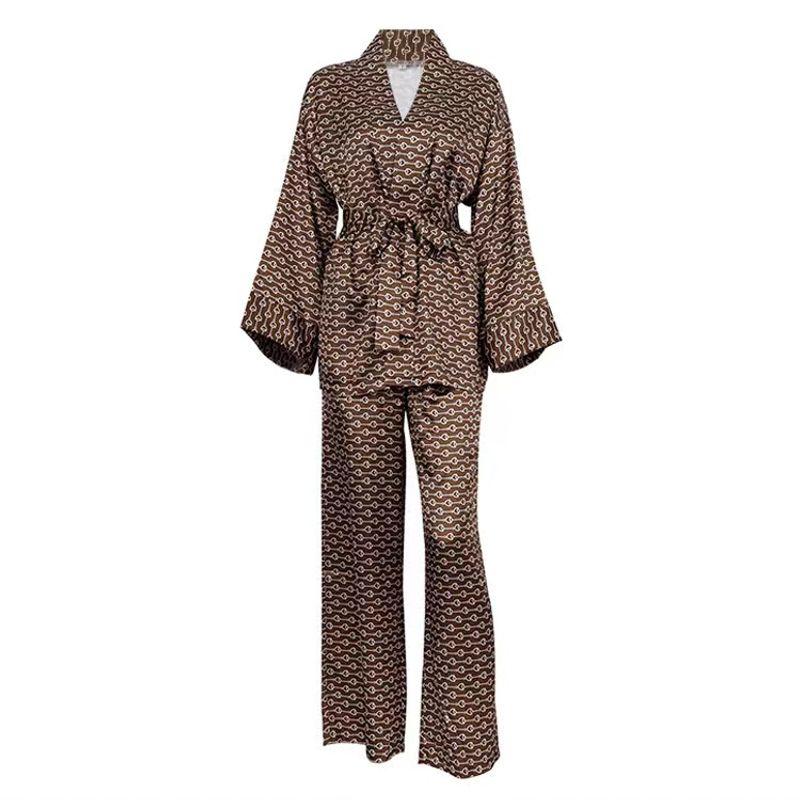 Fashion Satin Cardigan Shoelace Printed Loose Top Pants Suit Homewear Top and Pants Suit