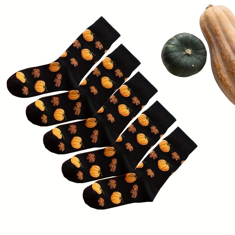 Autumn-Inspired 5 Pairs of Knee-Length Socks with Cartoon Squirrels and Pumpkins Design, Comfortable Fit Polyester Blend with Stretch