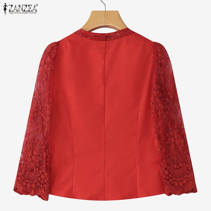 ZANZEA Damen Casual V-Ausschnitt 3/4-Ärmel Spitzen-Patchwork Slim Bluse