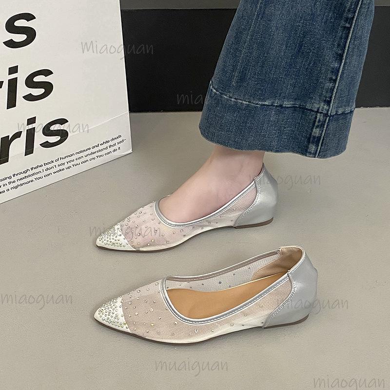 Fashion French Low Heel Pumps For Women Slip On Pointed Toe Wedge Sandals Breathable Mesh Crystal Soft Sole Shoes Comfortable Loafers