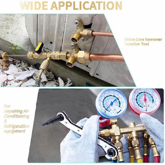 Valve Core Remover Taller Tool & HVAC Service Wrench Set With Hex Bit Adapters, Dual Size SAE 1/4 & 5/16 Port,3/8'' To 1/4'', 5/16'' X 1/4''