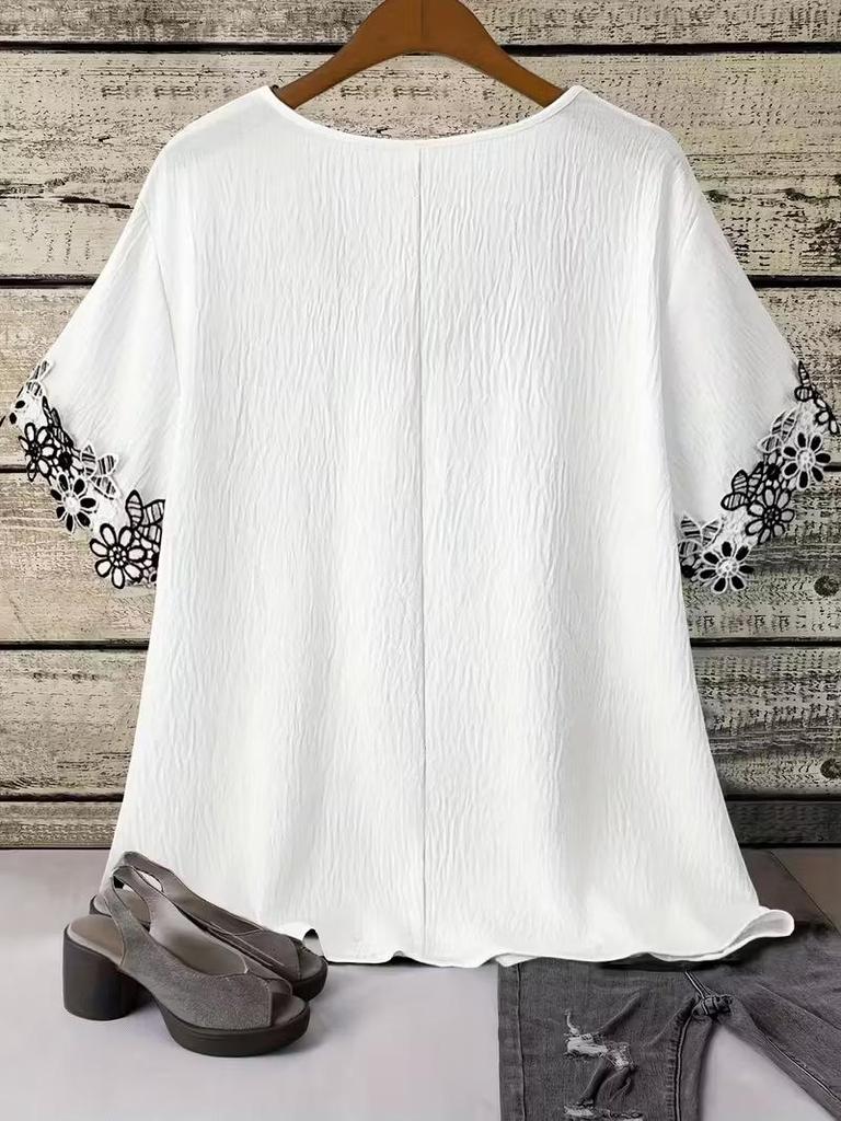 2026 European Plus Size Women's Summer Lace Patchwork Short Sleeve Shirt