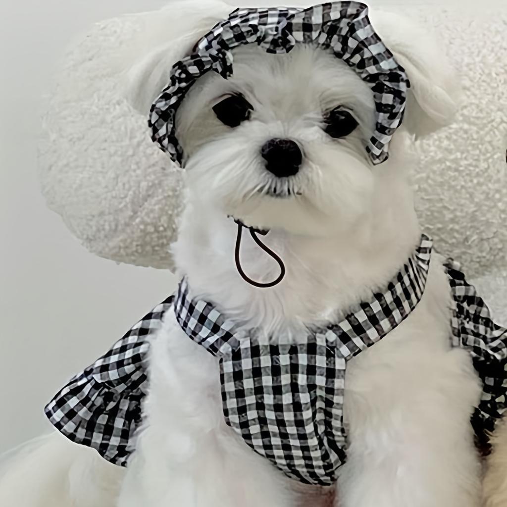 Plaid Pet Dress Set with Hood for Small Dogs and Cats, 100% Polyester, Pullover Style, Random, Belt Skirt, Pet Clothes