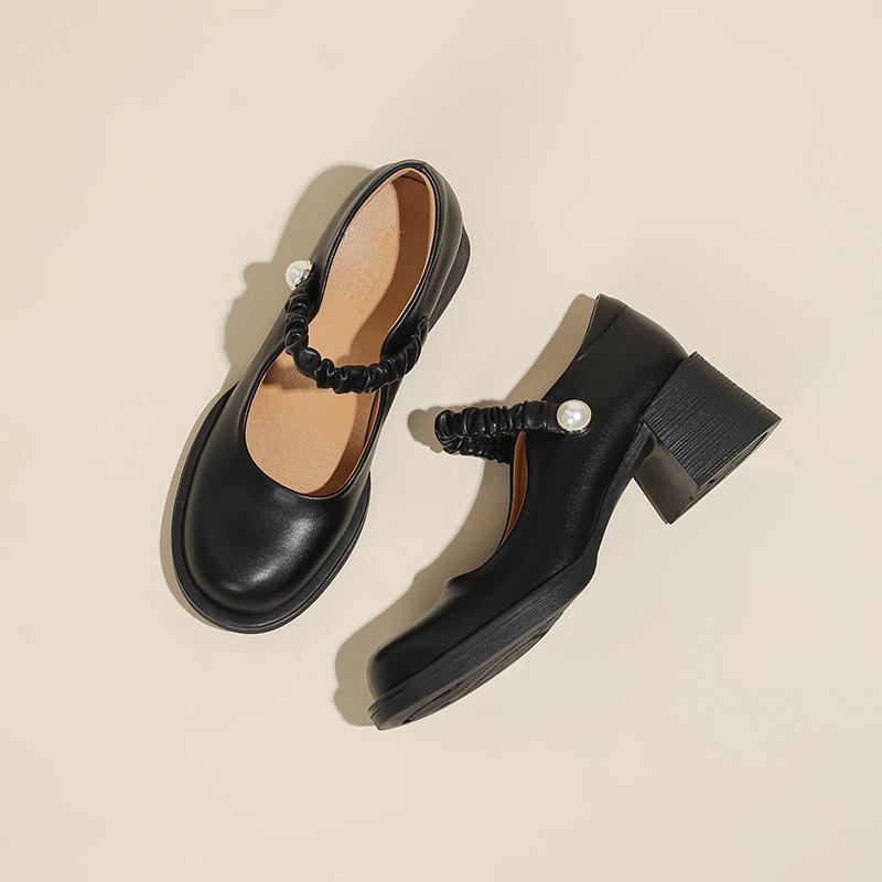 Mary Jane High Heels Women's 2025 Early Spring New Light Mouth Pearl Word with Thick Heel Single Shoes Black Small Leather Shoes