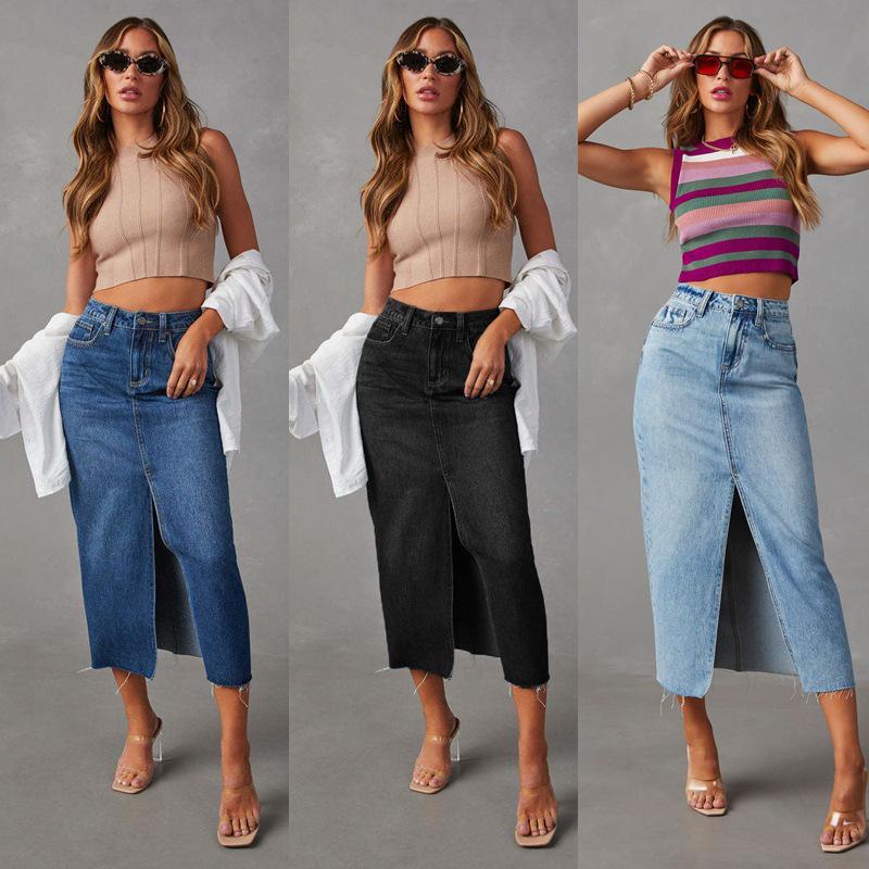 2024 Women's High Waist Washed Denim A-line Midi Skirt In European and American Style