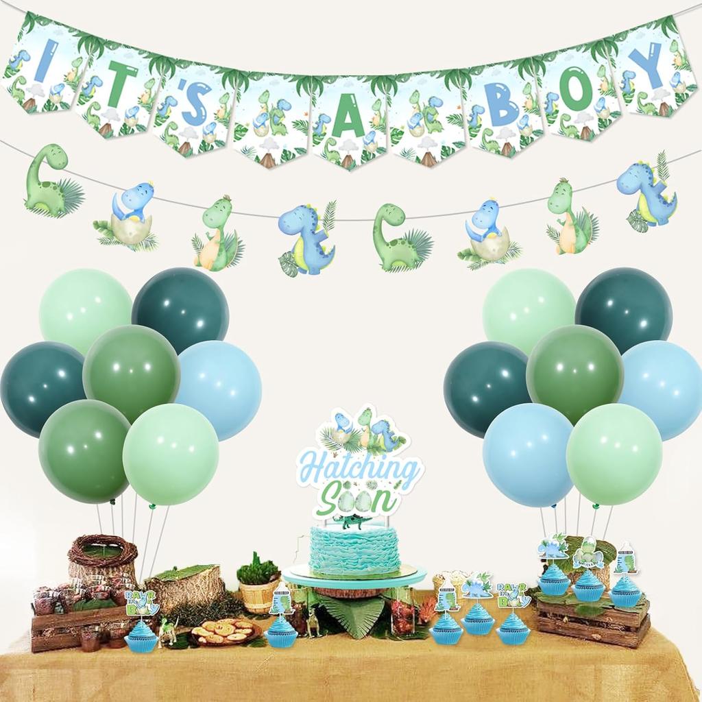 Kreatwow Dinosaur Baby Shower Decorations for Boy - Blue Green Its A Boy Banner, Garland, Hatching Soon Cake Topper, Rawr Decor, Themed Balloons for