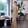Golden sequined evening dress women's high-end neck bridal engagement dress toasting clothes banquet temperament hosting dress