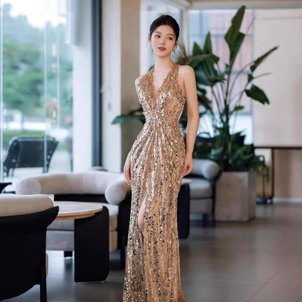 Golden sequined evening dress women's high-end neck bridal engagement dress toasting clothes banquet temperament hosting dress