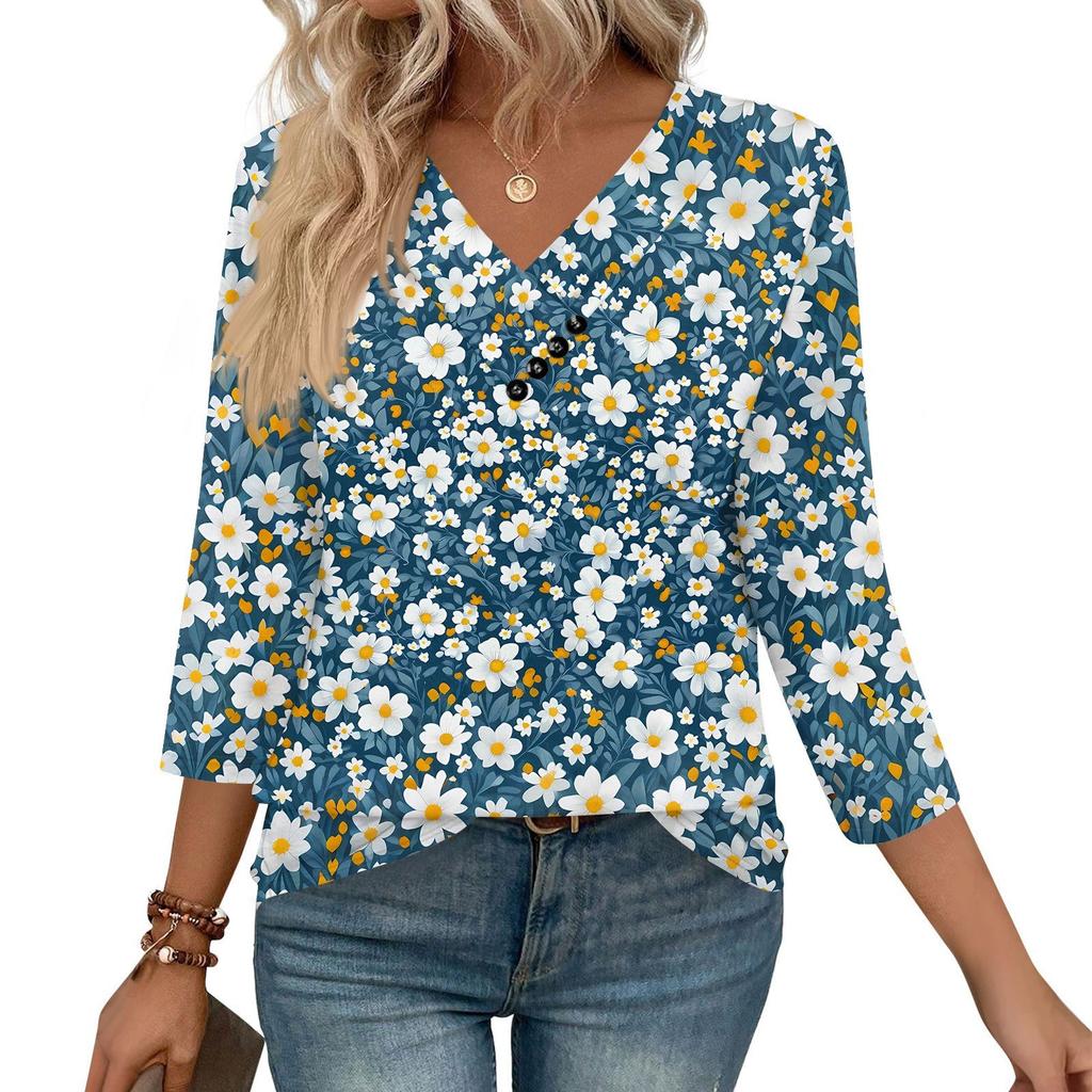 Women's Print Top Button-down V-neck T-shirt 3/4 Sleeve Loose Fashion Top