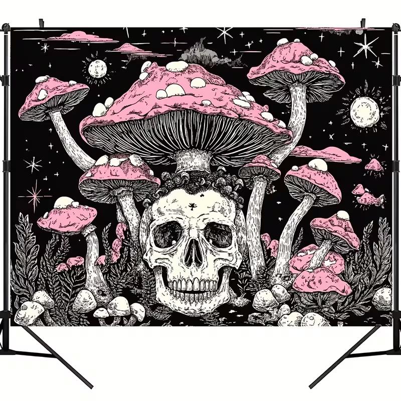 2D Gothic Skull & Pink Mushroom Tapestry Dark Aesthetic Room Background