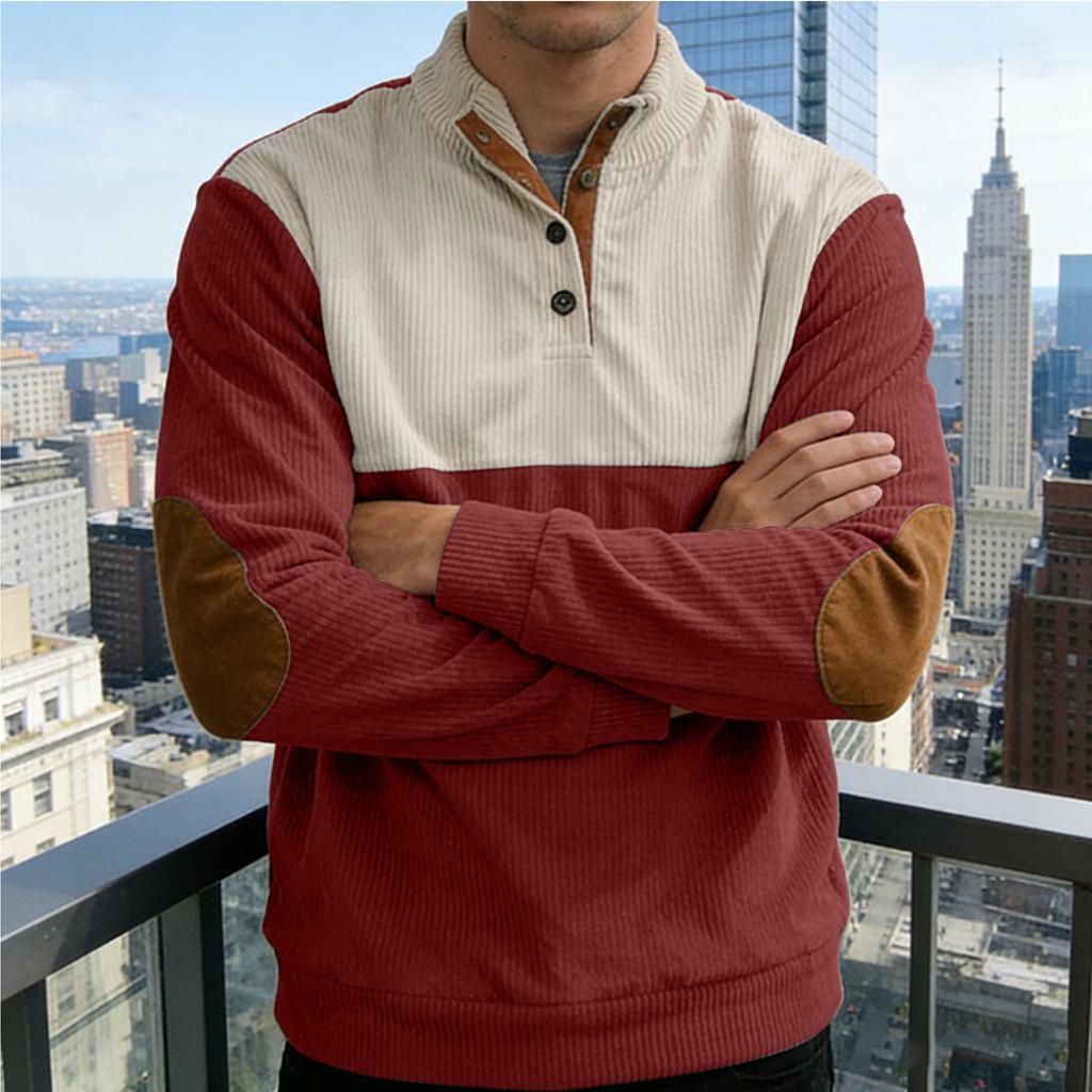 New Men's Corduroy Patchwork Contrast Collar Oversized Long-Sleeved Knitted Sweatshirt