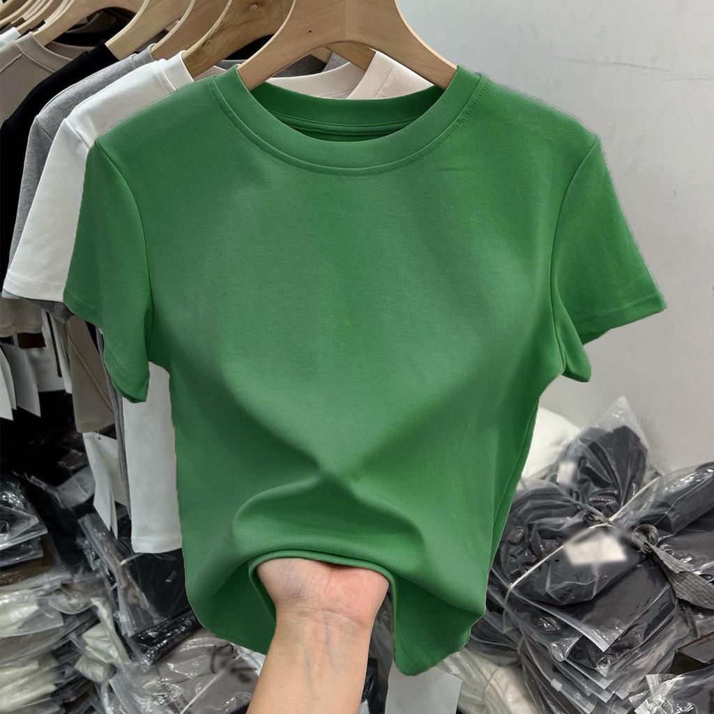 Women's White Cotton Short-Sleeve Ribbed T-shirt - Summer Round Neck, Breathable, Sweat-Absorbent, Slimming Fit