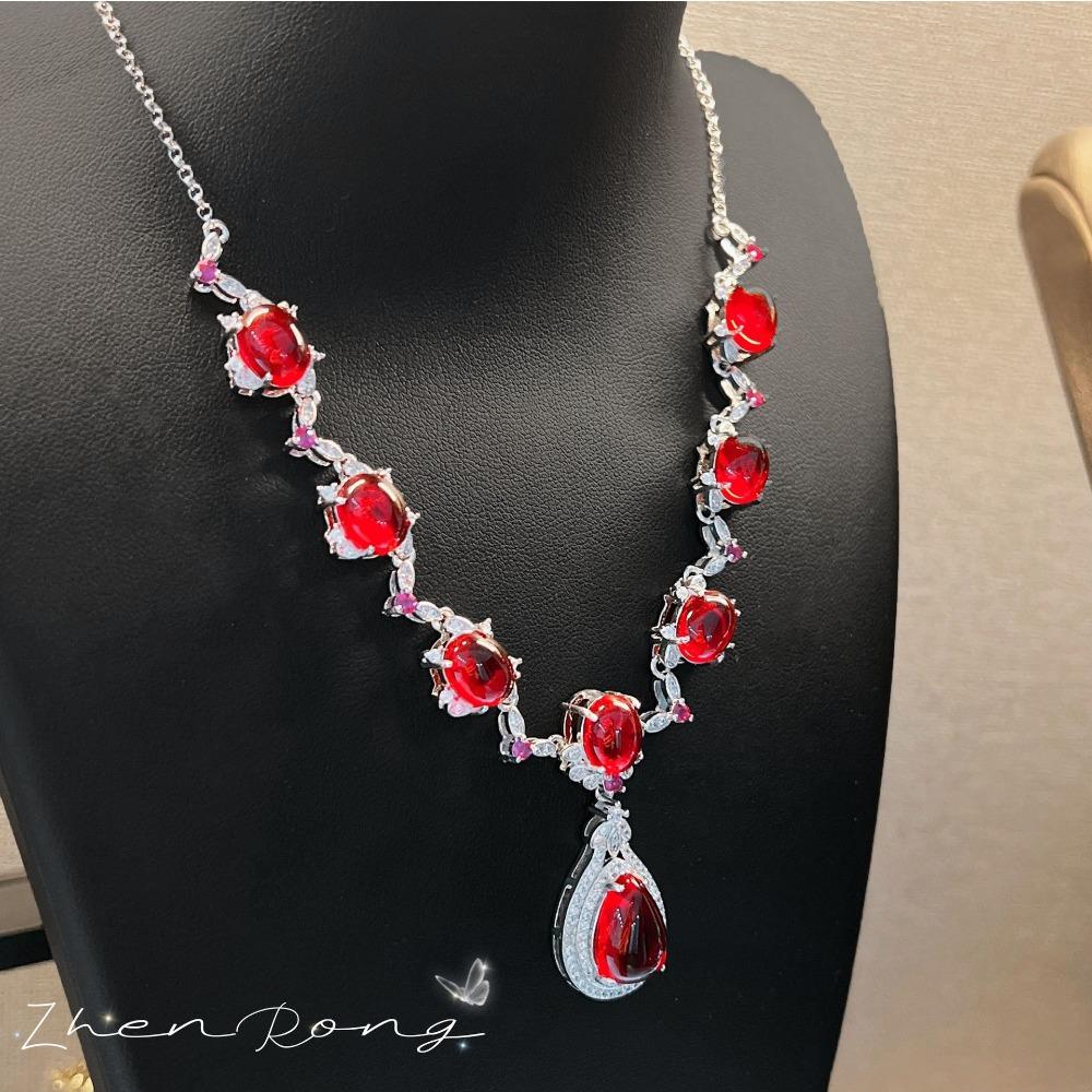Luxury Emerald Necklace Set with Pigeon Blood Ruby for Women Wedding Bride Engagement Party Jewelry