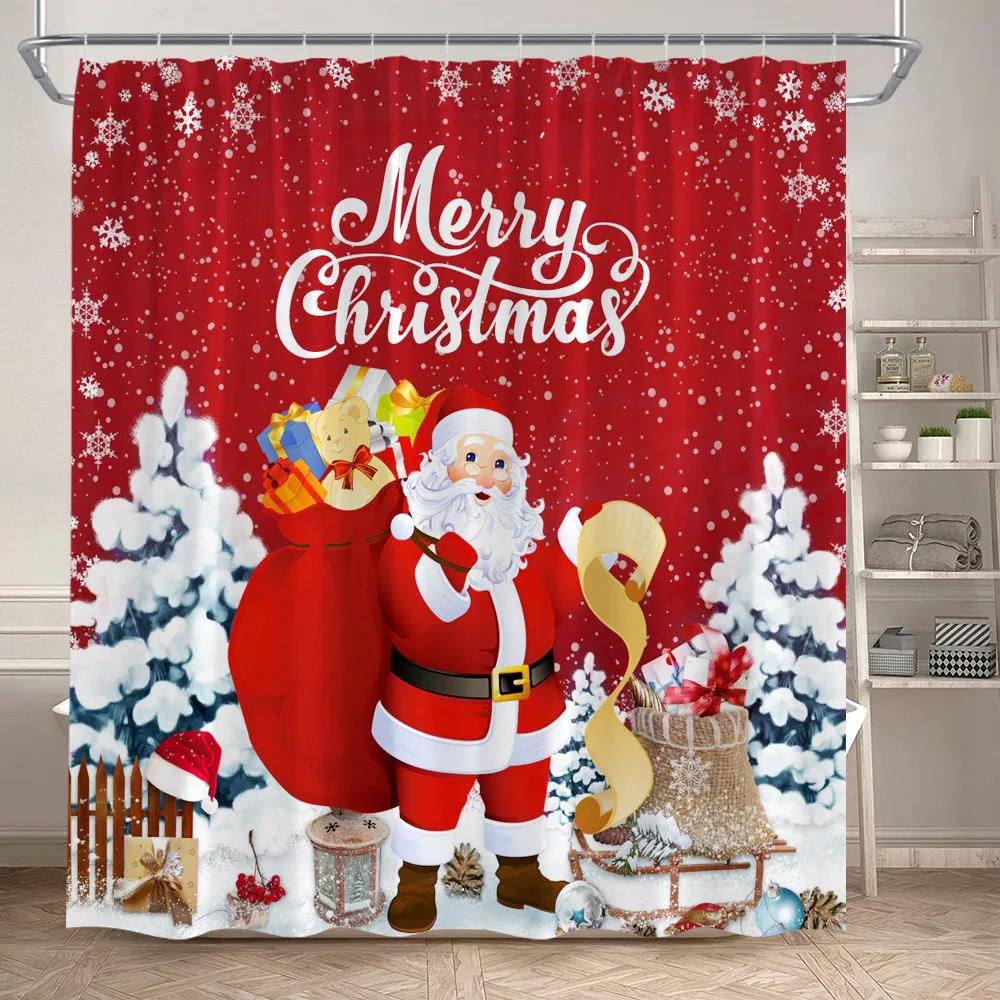 Red Christmas Shower Curtain Set Funny Santa Claus Gift Green Pine Branches Xmas Balls Home Bathroom Decor Bath Mat Toilet Cover