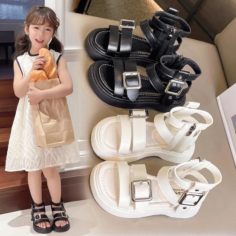 Fashion 2025 New Girls Roman High-top Sandals Children's Summer Fashion Sandals Open-toe Cut-outs Kids Causal Black School Beach Shoes
