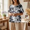 Women’s Printed Short Sleeve Henley Neck Shirt with Front Pocket Cotton Linen Material Relaxed Fit Casual Top
