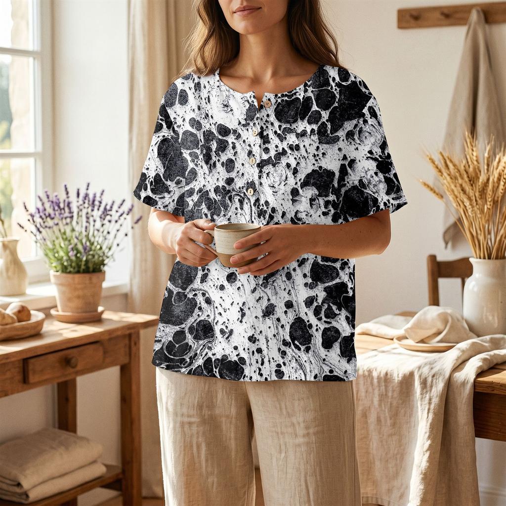 Women’s Printed Short Sleeve Henley Neck Shirt with Front Pocket Cotton Linen Material Relaxed Fit Casual Top