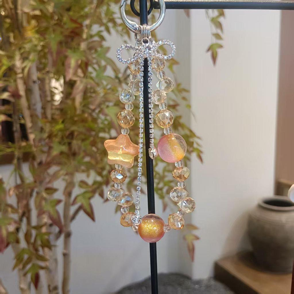Luxus-Stil Perlenbesetzte Zweifarbige Handykette & Kristallanhänger Schlüsselanhänger-Charm