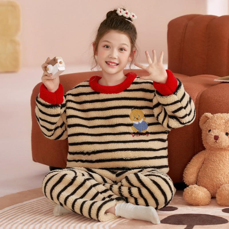 Girls Winter Coral Fleece Pajama Set Thick Warm Sleepwear Ages 8 Cartoon Animal Print Home Outfit