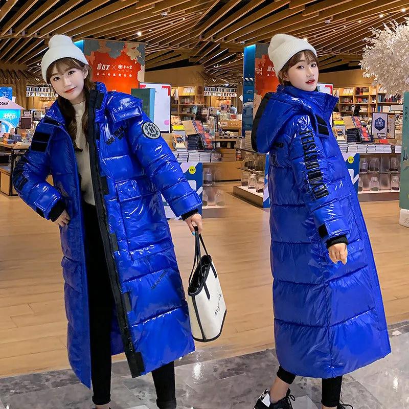 Winter Glossy Parker Female Warm Thicken Down Cotton Jacket Windproof Rainproof Women's Hooded Coat Casual Long Overcoat