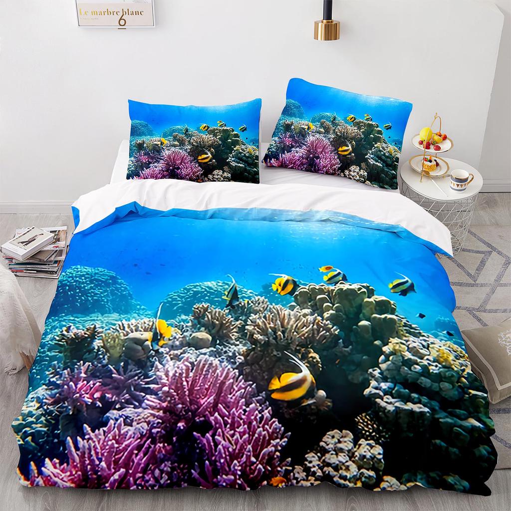 Set Biancheria da Letto Mondo Marino Blu Stampa 3D Animali Marini Delfini Squali e Cartoni Animati Trapunta Matrimoniale Copripiumino Set Biancheria da Letto per Bambini Adulti