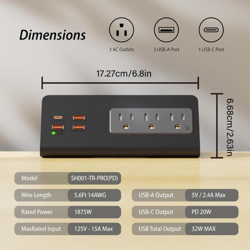 Desk Edges Mounted Power Strips with USB C Fast Charging Port and 3AC Outlets for Office Hotel Dormitory Use