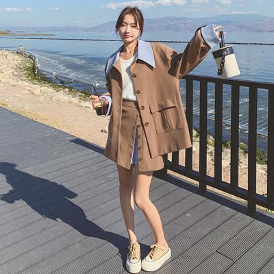 Women's Contrast Lapel Long Sleeve Blazer High Waist Skirt Women's Spring Two-piece Set