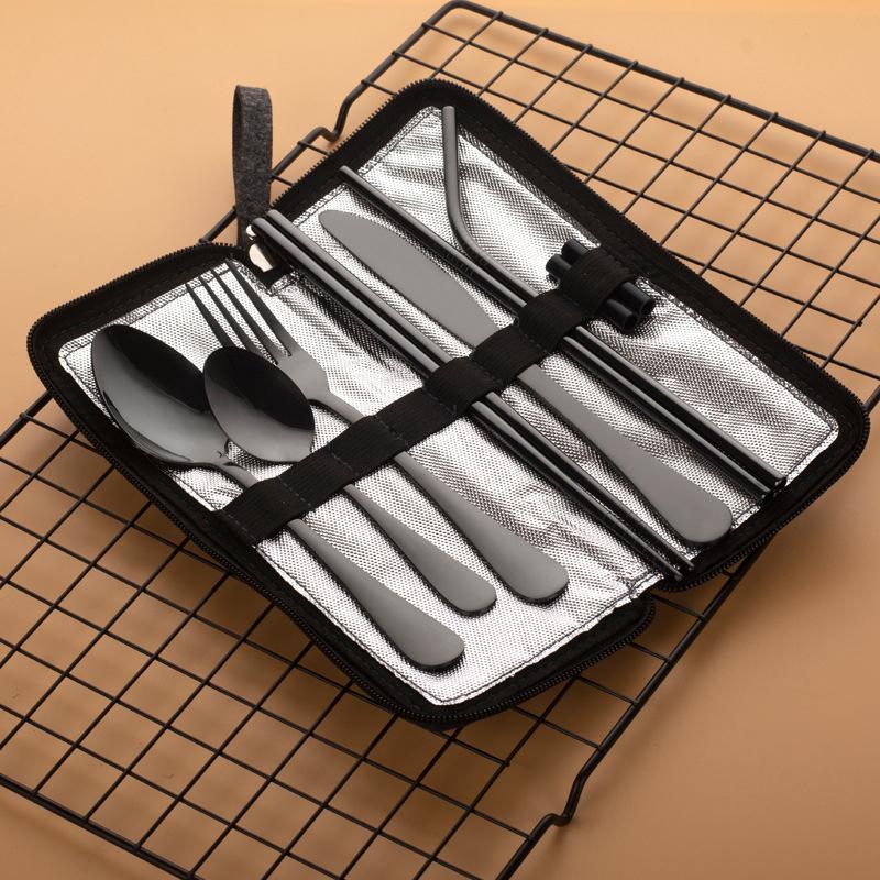 10Pcs Portable Utensils Travel Camping Cutlery Set Stainless Steel Tableware Set Knife Fork Spoon Chopsticks Straw Brush Gift