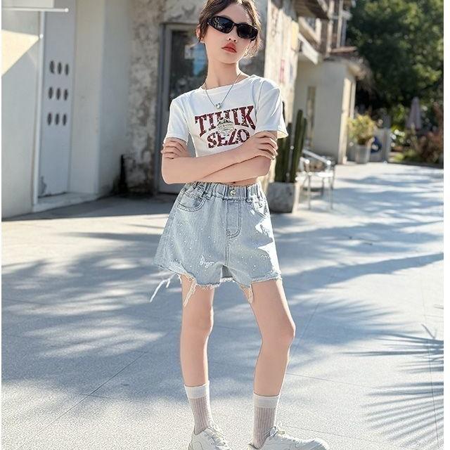 Girls' Denim Pant Stamping Shorts Children's Trendy Perforated Shorts Fashionable Summer Clothing Trend
