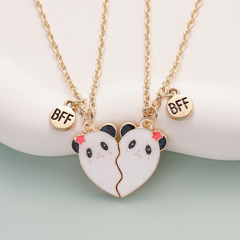 Pink Bear & Panda Friendship Pendant Necklace for Kids - Magnetic Cartoon Splicing Design