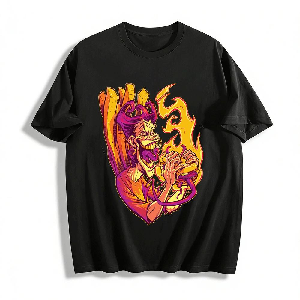 

Crazy Devil Biting Fire Burger Print Tee Street Style Fun Top Pure cotton T-shirt 6XL