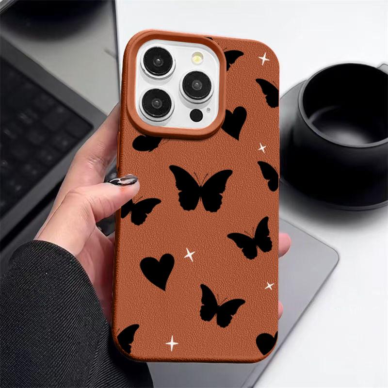 Coque Mate Motif Papillons Cœurs d'Amour Pour iPhone 16 Pro 15 Pro Max 14 13 12 11 TPU Texture Cuir Antichoc Douce Fine Housse de Téléphone