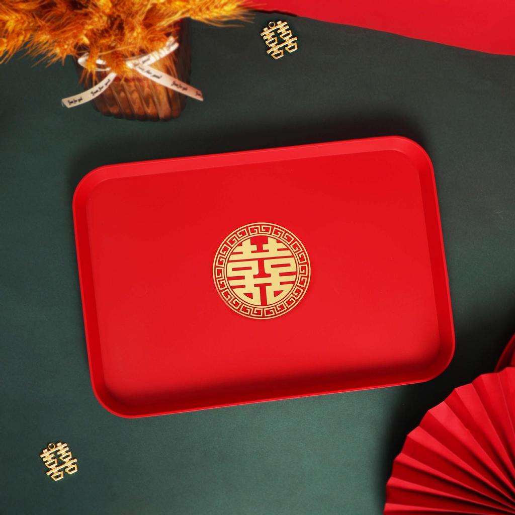 Wedding Toast Rectangular Tray Set: Red Candy and Tea Ceremony Plates for Newlyweds