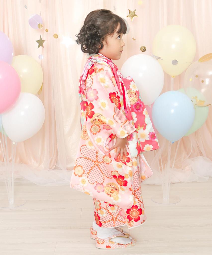 Kimono set for Hakama Gorgeous set Patterned Hair Drawstring Waist Girls Pale cherry blossoms and [KYOETSU] Shichigosan, 3-year-old, set, C, 9-piece