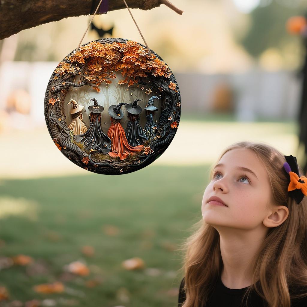 Halloween Wooden Witch Hanger Decoration, 5 Witches Exquisite Round Hanging Pendant For Porch, Wall