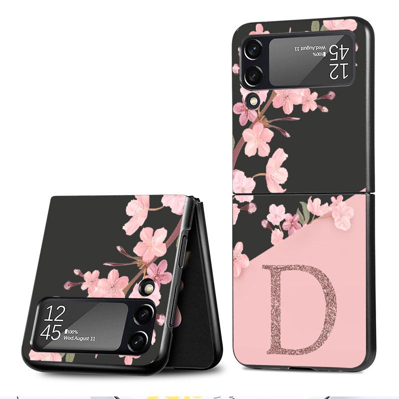 Flower Letter Pink Fashion Initial Cell Case For Samsung Galaxy Z Flip 3 5G 4 Fashion Z Flip3 Luxury Black Hard Phone Coque