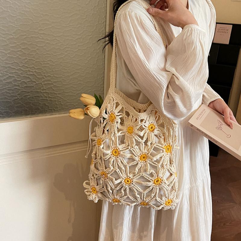 Yogodlns Neue vielseitige gewebte Stroh-Umhängetasche für Damen, handgefertigte gewebte Tasche mit Blumenmuster und Hohlmuster für Damen, Strandtasche für den Urlaub am Meer