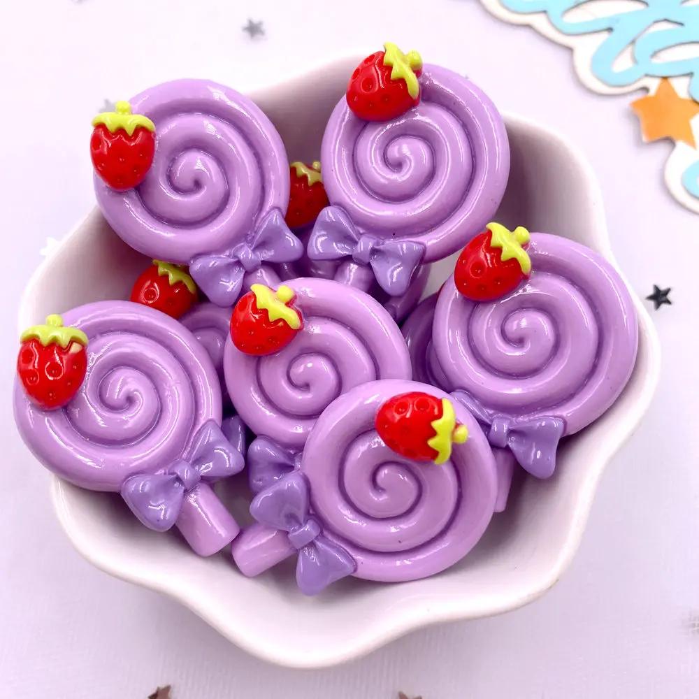 Painted Colorful Resin Strawberry lollipop Lollipop Flatback Cabochon Stone Figurines 10pcs DIY Bow Accessories Scrapbook Crafts