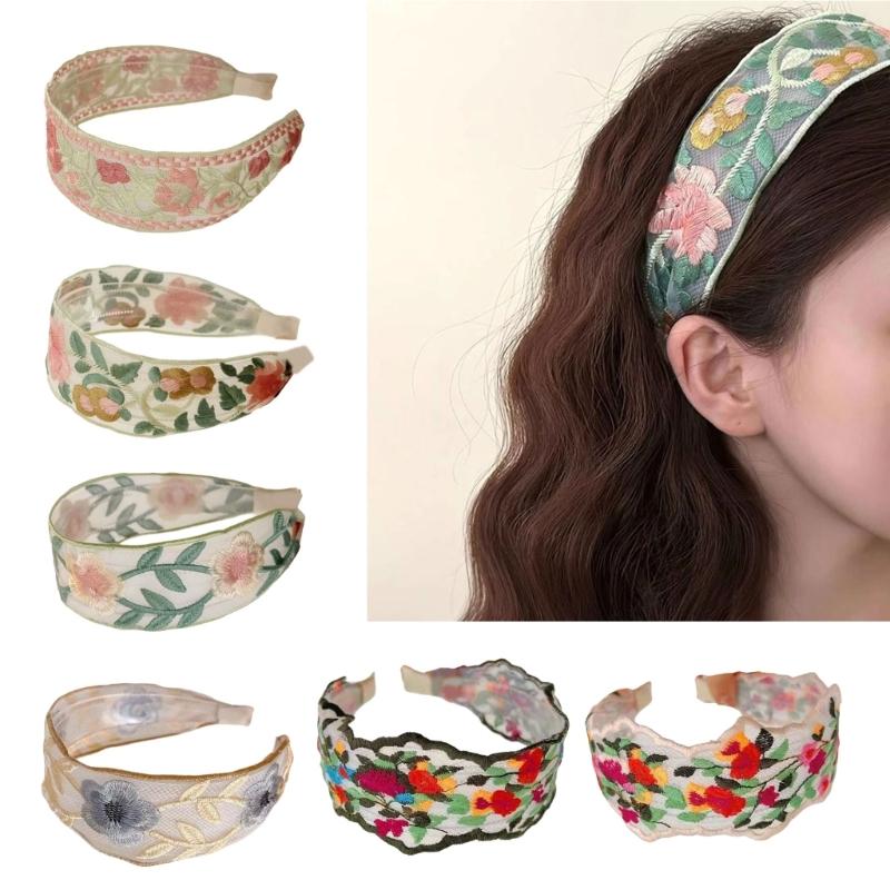 Hand-Made Cotton Linen Hairband Intricate Embroidery Blossom Design Adjustable Wide Band Unisex Hair Accessory