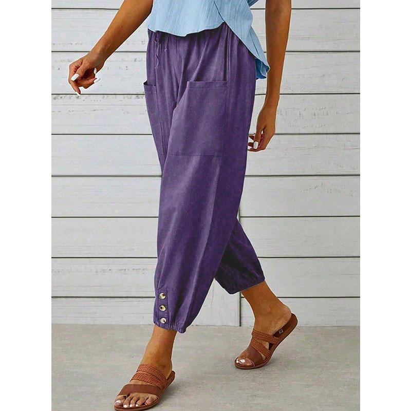 2026 Loose High-Waisted Buttoned Cotton Linen Wide-Leg Nine-Point Women's Pants