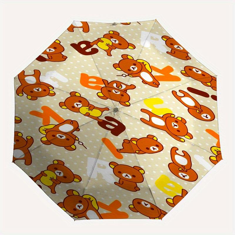 Bear Pattern Automatic Folding Umbrella Simple 8 Rib Design, Bright Cartoon Pattern, Durable Iron Frame, Suitable For Travel, Outdoor, Beach