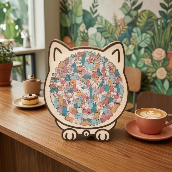 Interactive Family Games Colored Cat Shaped Wooden Jigsaw Puzzle, Creative Desktop Ornament, Unique Animal Shape Intricate Pattern Puzzles Wood