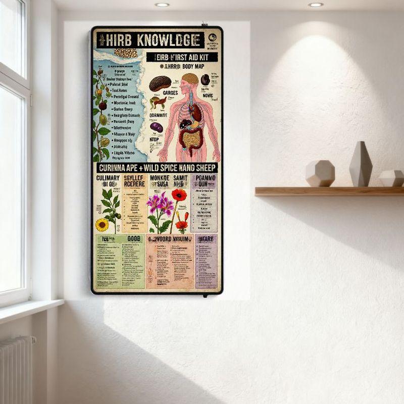 Vintage 'HIRB KNOWLEDGE' Educational Tin Sign Retro First Aid Body Map Medical Poster with Plant Substances Illustration Home De