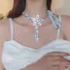 Shiny Exaggerated Necklace Hollow Lace up Necklace Charm Rhinestone Flower Necklace  Wedding