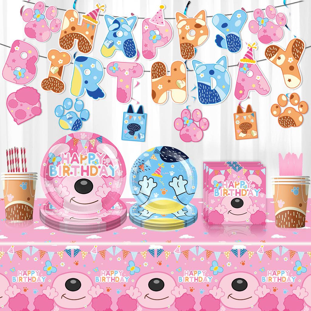 Cartoon Blue Dog Birthday Party Decoration Pink Dog Disposable Tablecloth Cup Bingo plate Baby Shower Kids Favors Party Supplies