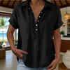Womens Loose Fit V Neck Blouse Casual Cotton Linen Short Sleeve Shirt Button Down Lightweight Top for Daily Wear