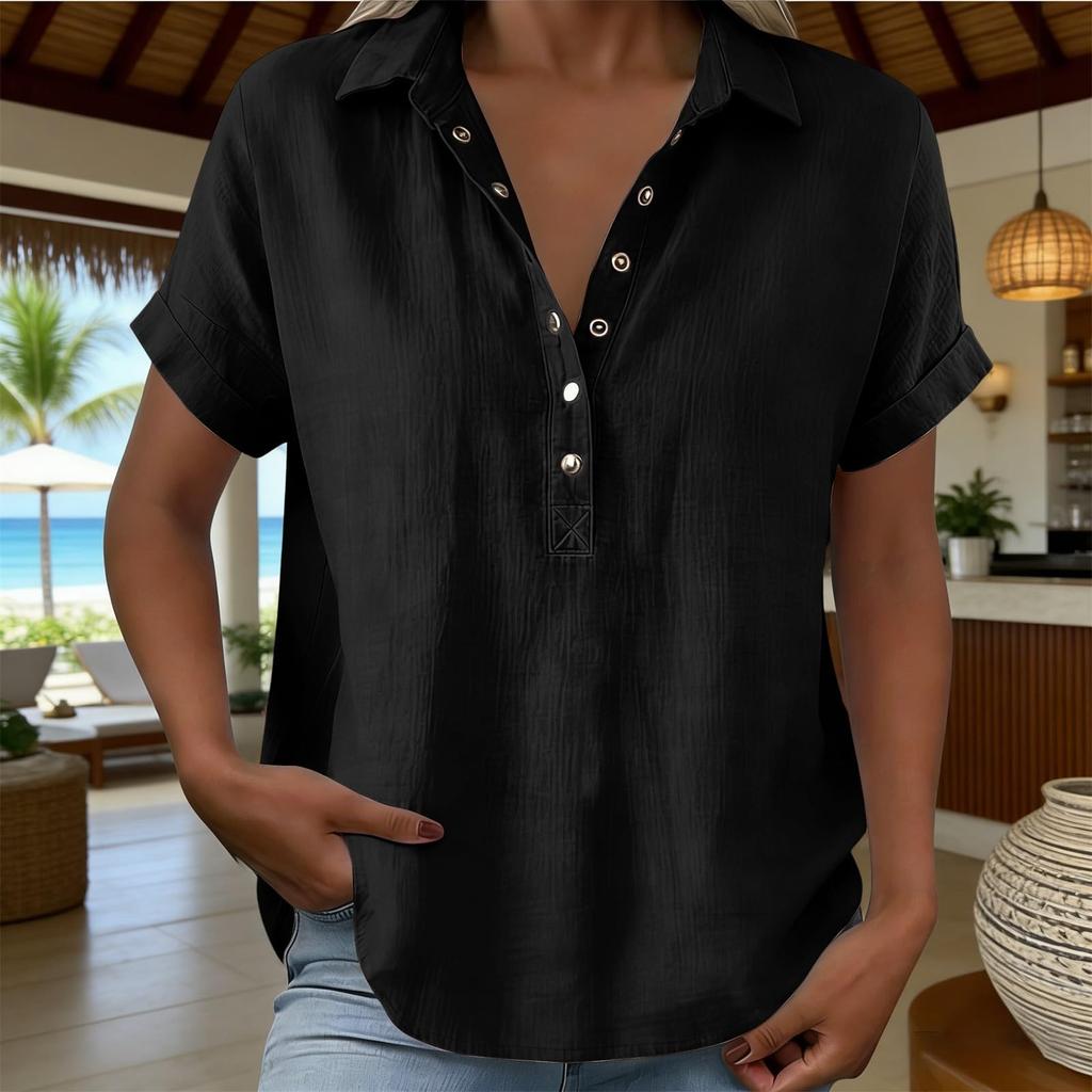 Womens Loose Fit V Neck Blouse Casual Cotton Linen Short Sleeve Shirt Button Down Lightweight Top for Daily Wear