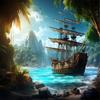 Piratenschiff Wandteppich, Segelschiff an tropischer Insel mit Wasserfall, Abenteuer Meeres-Wandkunst für Wohnzimmer Schlafzimmer